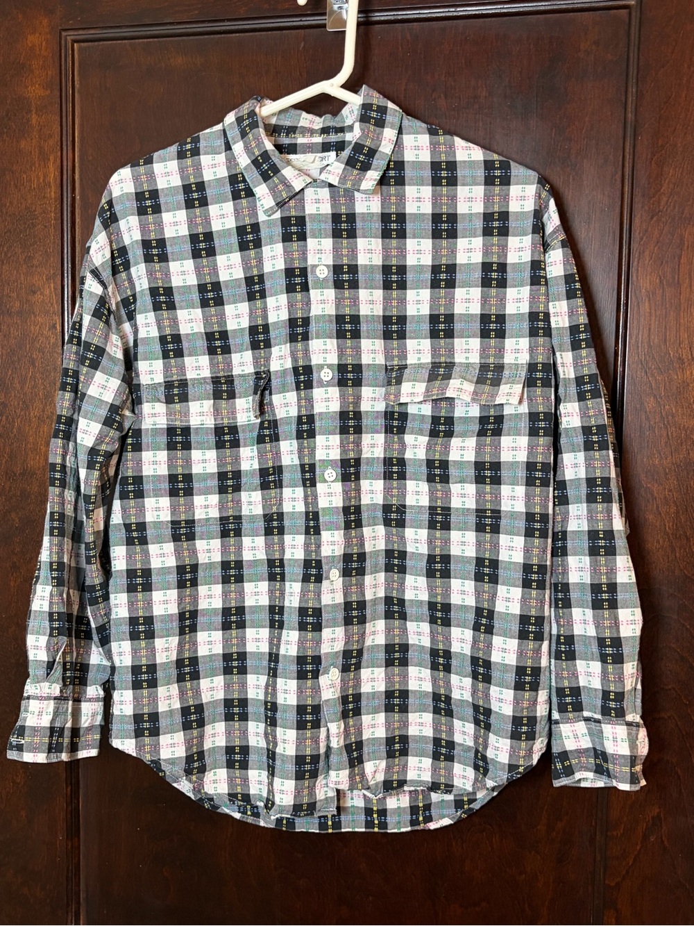 Vintage Esprit Women’s Shirt Long Sleeve Button Plaid Black White Pastel Size?